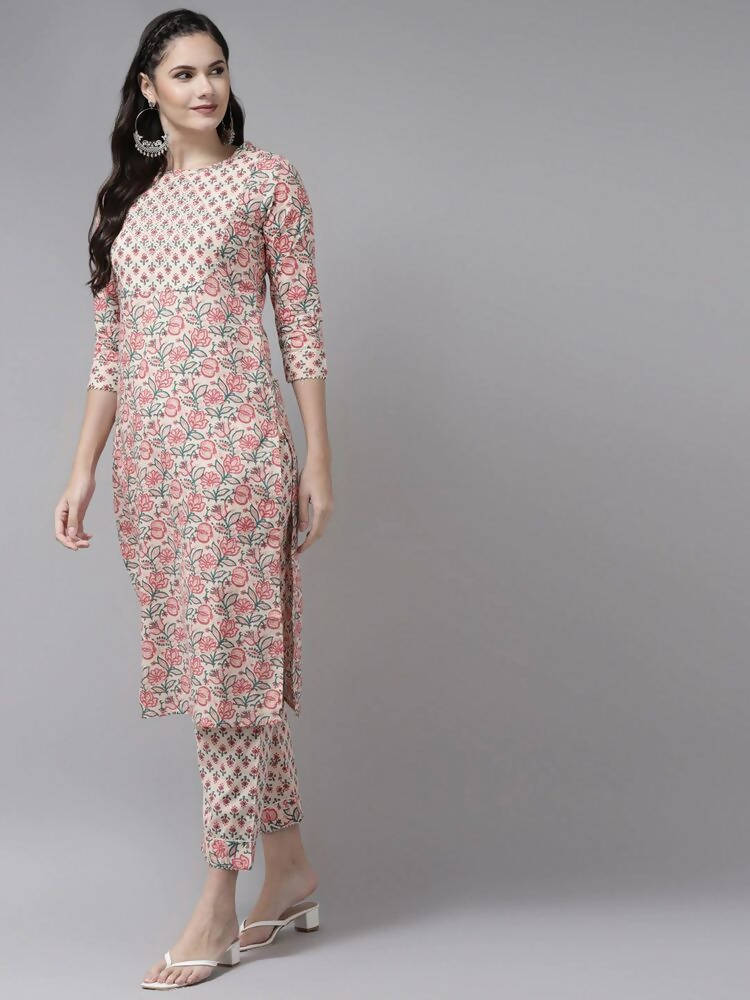 Yufta Pink Ethnic Motifs Printed Regular Pure Cotton Kurta with Trouser & Dupatta | Grocsy