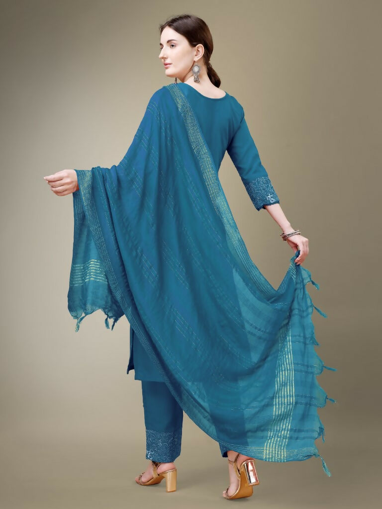 Jyoti Fashion Women's Morpich Cotton Blend Embroidery & Fancy Lace work Kurta with Trouser & Dupatta | Grocsy