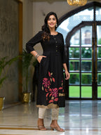 Juniper Women's Black Floral Printed Rayon Kurta With Button Closure | Grocsy