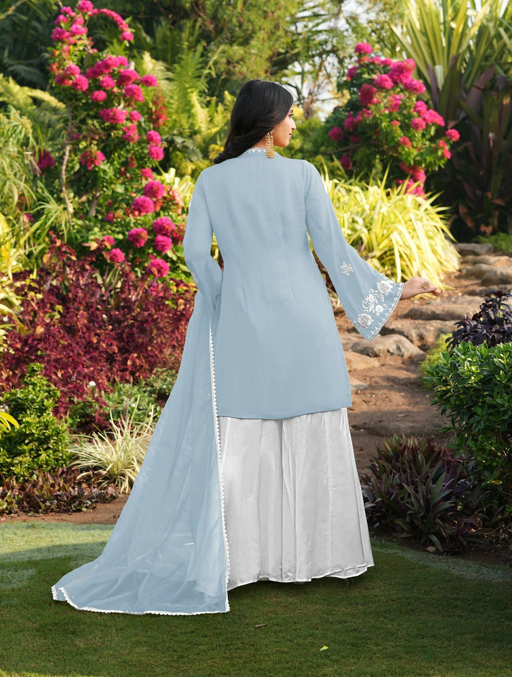 Nikhaar Light Blue Embroidered Modal Silk Stitched Straight Cut Kurta Kalidar Palazzo Dupatta Readymade Suit | Grocsy