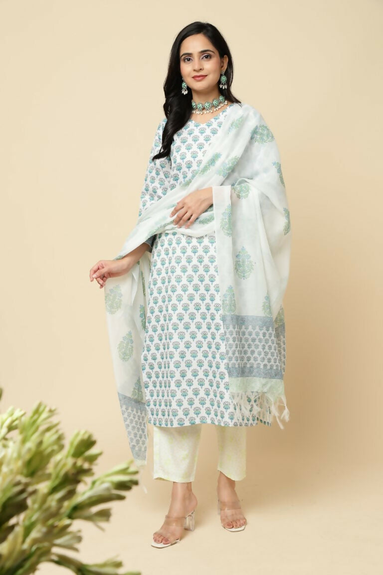Designer Stylish Skyblue Cotton Blend Stitched Suit With Dupatta - Tanisha | Grocsy