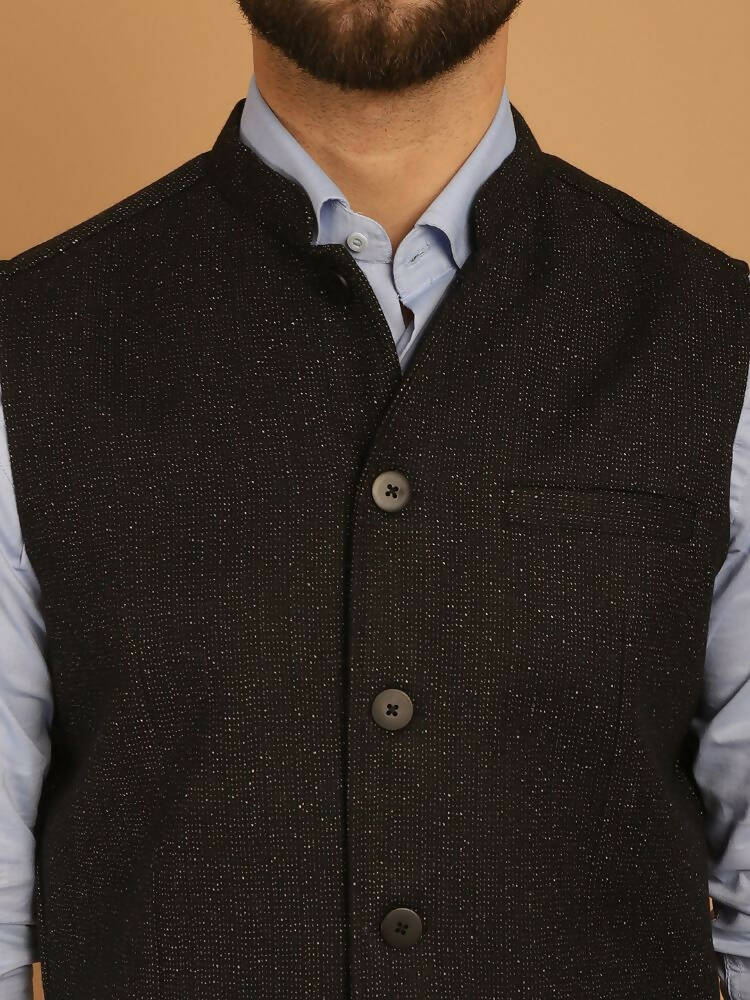 Even Apparels Pure Wool Nehru Jacket - Black | Grocsy