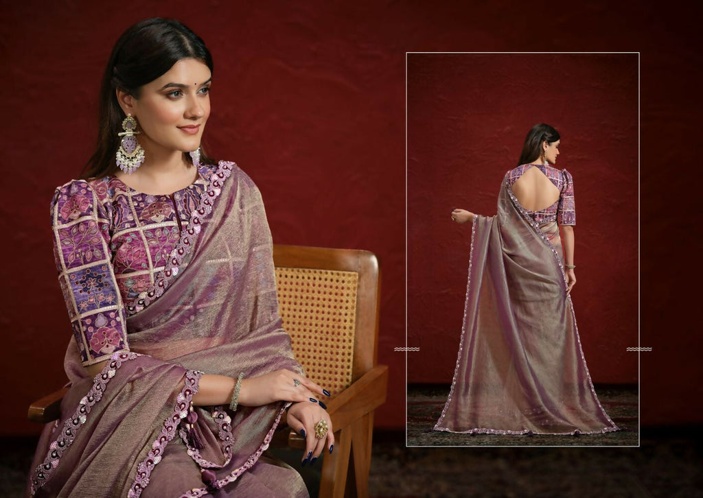 Purple Pure Banarasi Jari Crinkle Sequence with Handwork Saree with Stitched Blouse - Mohmanthan Aaina | Grocsy