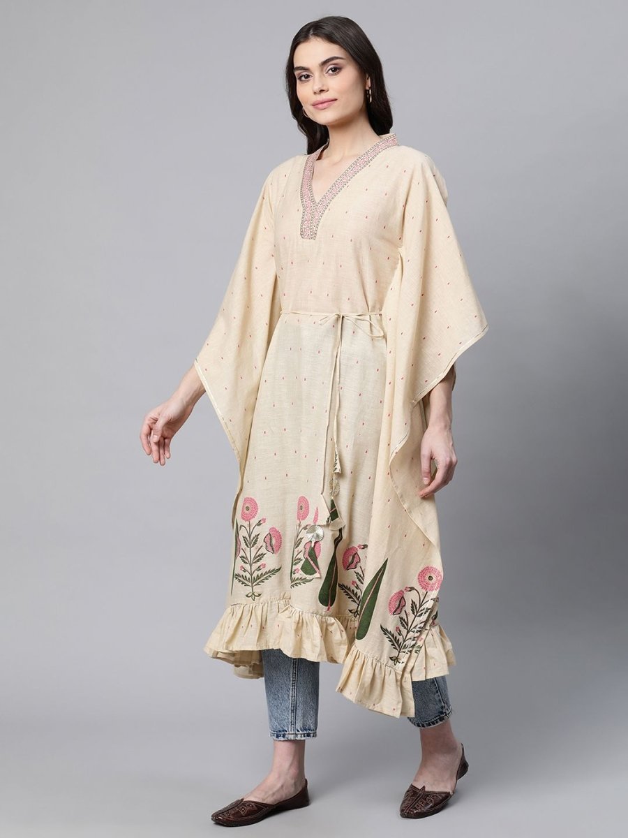 Ahalyaa Women Beige Pure Cotton Floral Printed Kaftan Kurta | Grocsy