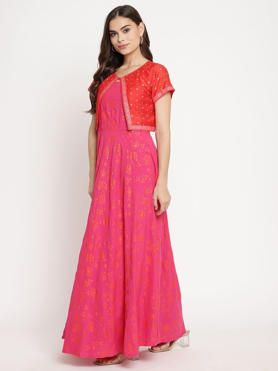 Ahalyaa Pink Crepe Orange khari Print Kurta with Jacket | Grocsy