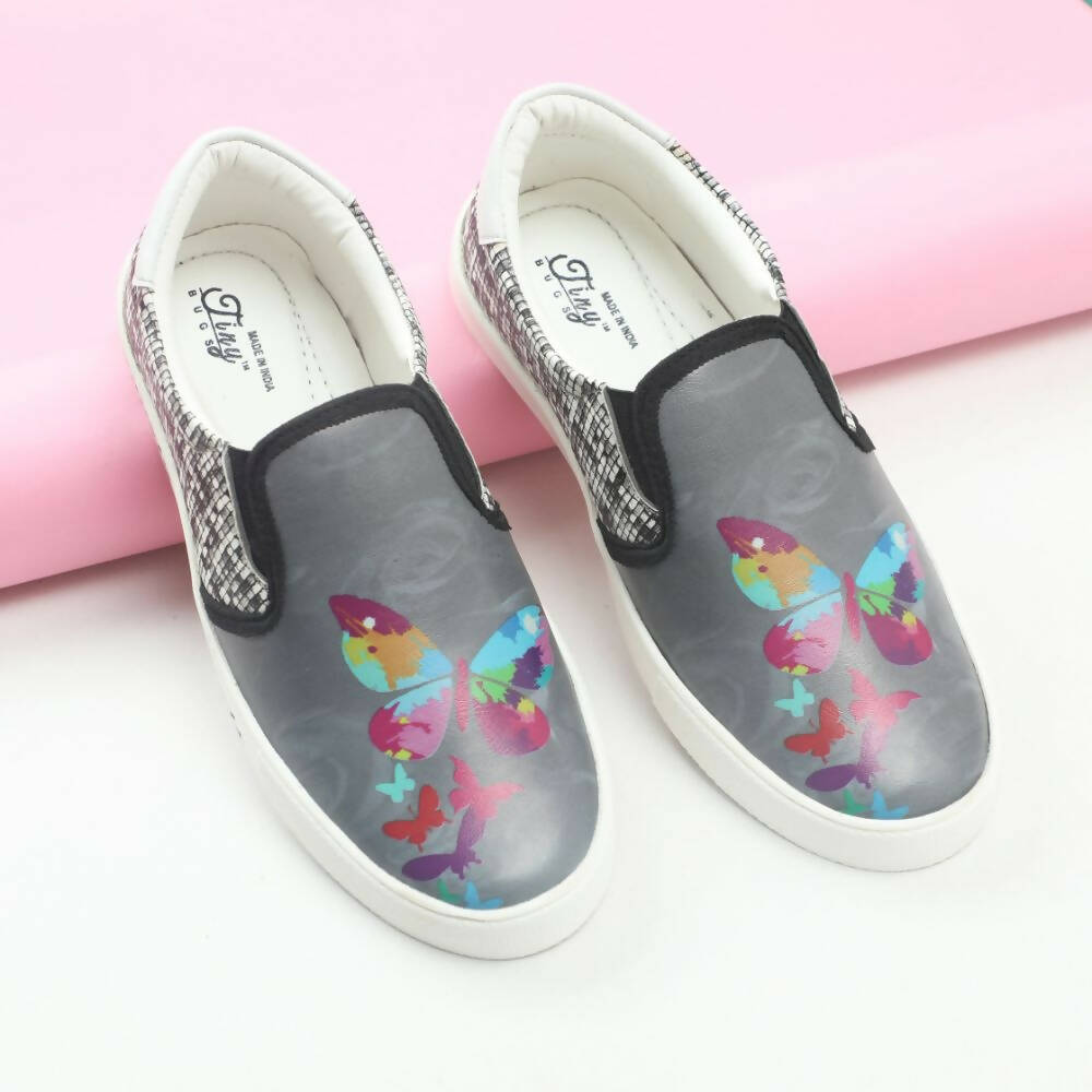Tiny Bugs Girls Butterfly Print Slip Ons Sneakers - Dark Grey | Grocsy