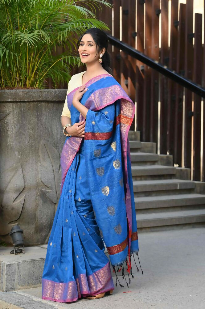 Beatitude Blue Cotton Banarasi Saree | Grocsy