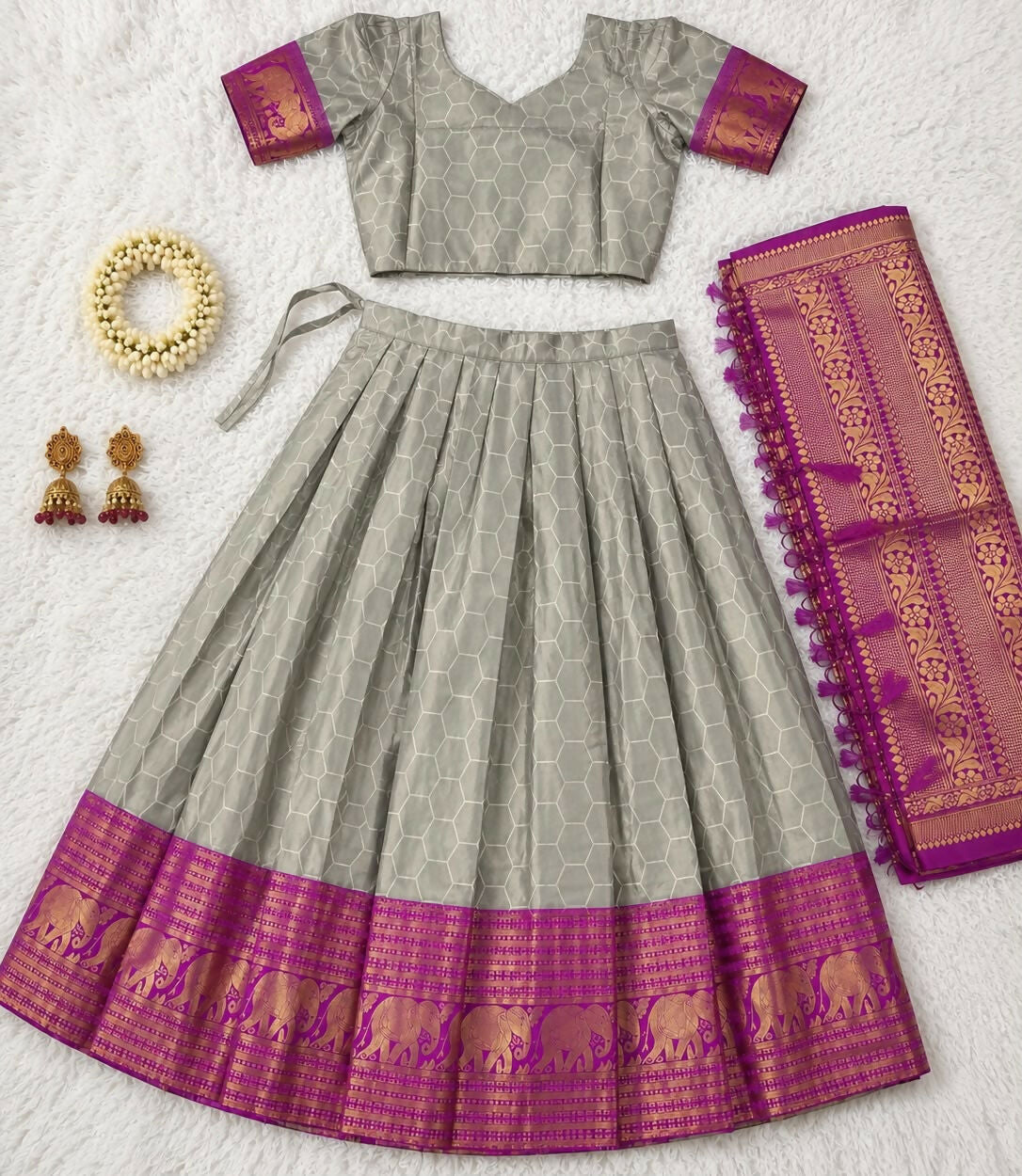 Teeya Creation Grey Traditional Lehenga Choli Set Featuring Intricate Purple and Gold Zari Detailing | Grocsy