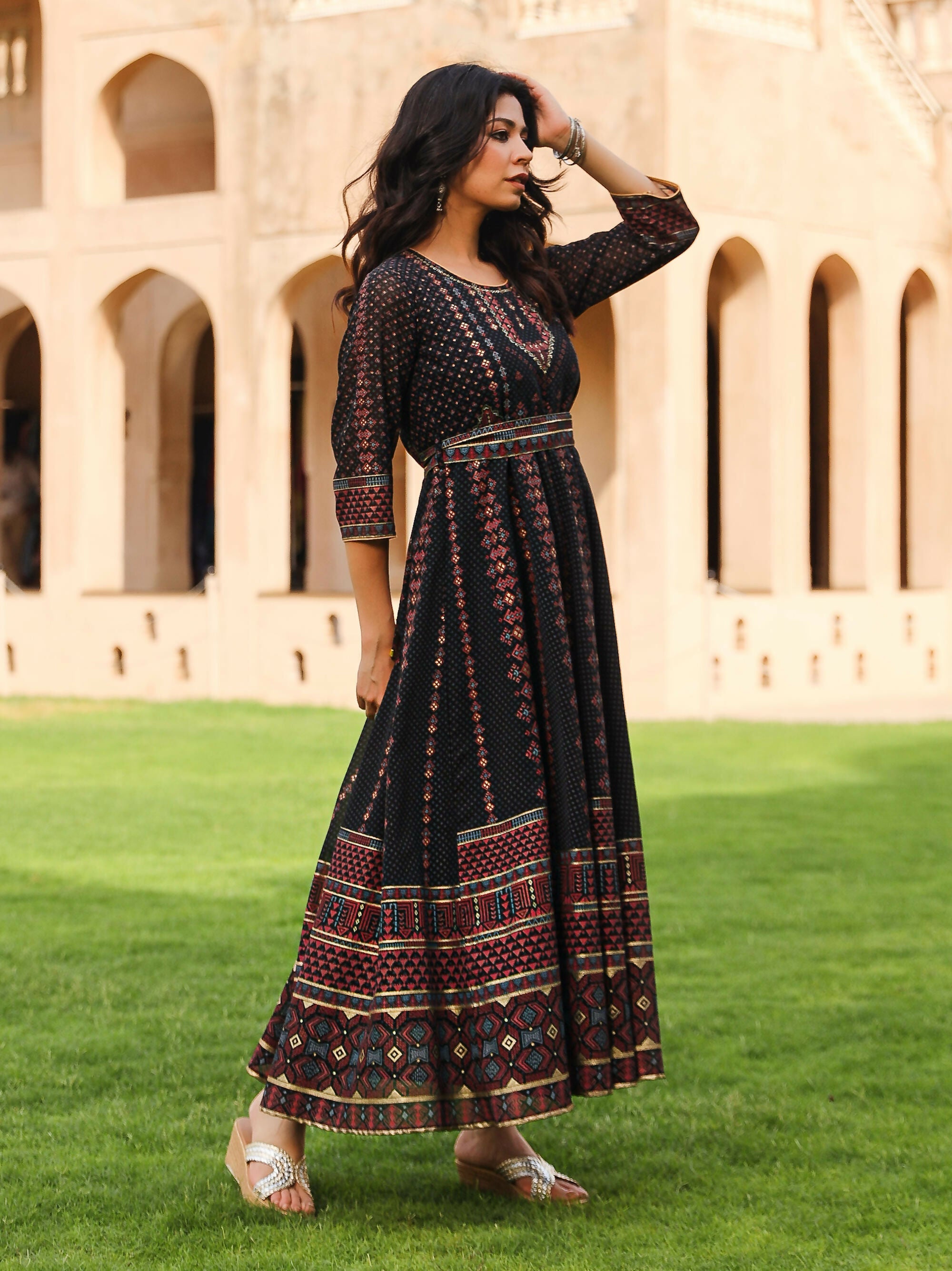 Juniper Women's The Mahautsavam Black Ethnic Motif Printed Georgette Dress With Sequins & Beads | Grocsy