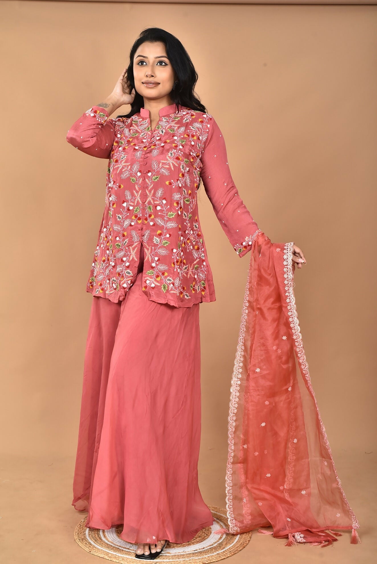 Morchari Women And Hand Embroidery Palazzo Set-Rust | Grocsy