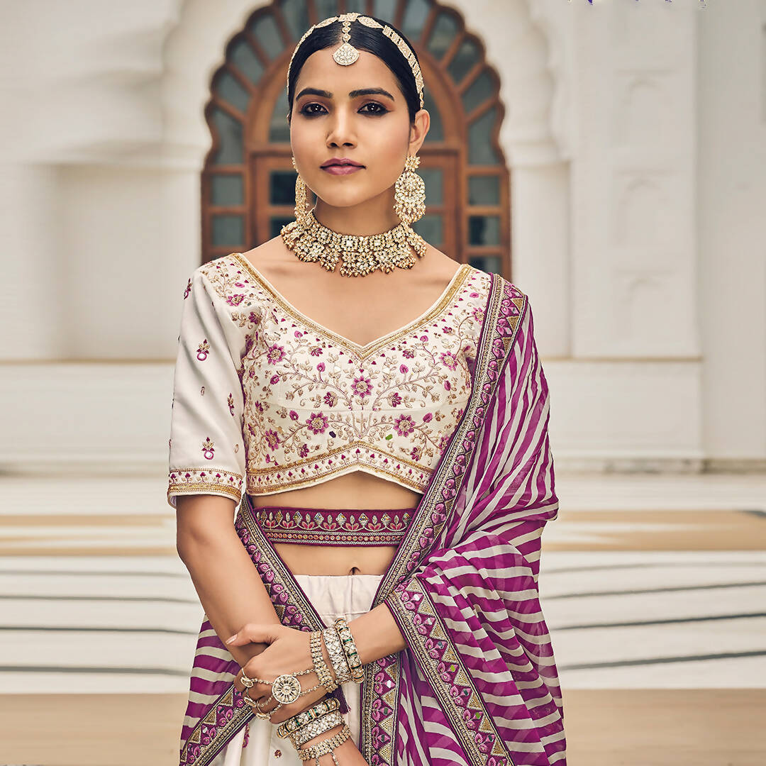 White Heavy Viscose Khatli, Embroidery & Mirror Work Unstitched Lehenga Choli - Sisha Keshav | Grocsy