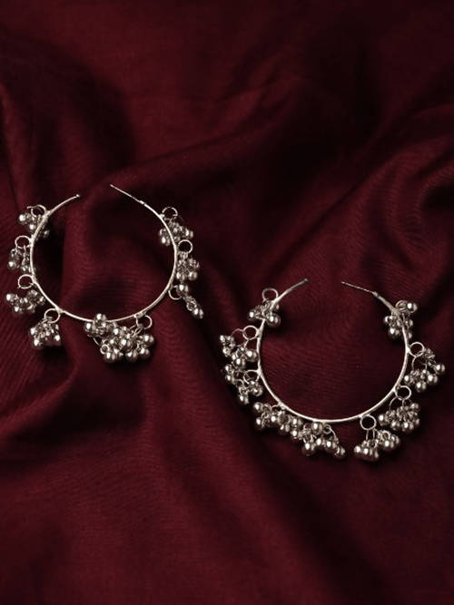 Mominos Fashion Johar Kamal Silver Parrot Hoops and Ghungroo Bali Combo Earrings | Grocsy