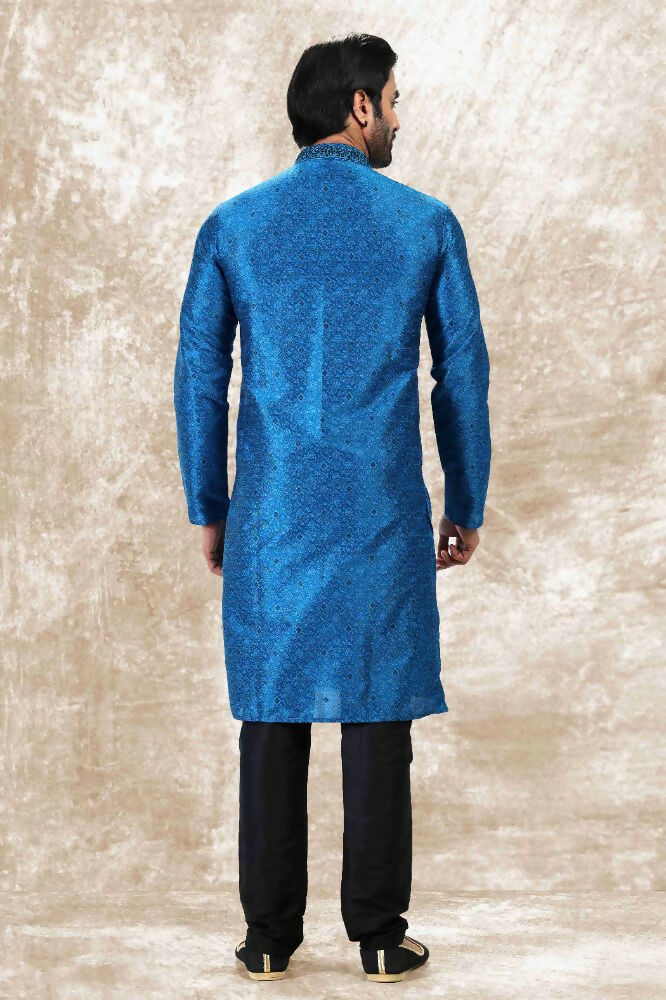 Raivat Ethnic Jacquard Silk Brocade Thread Work Kurta Pajama In Blue Colour | Grocsy