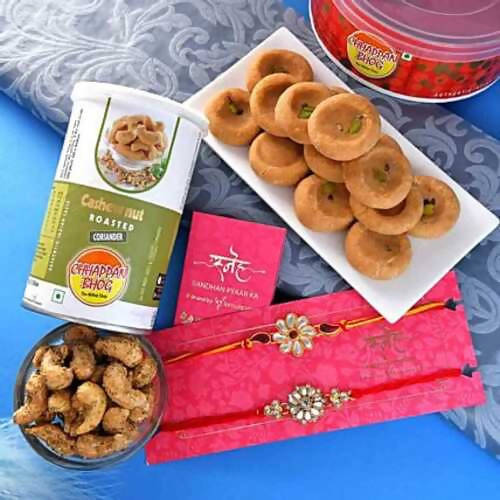 2 Kundan Flower Rakhis & Mathura Peda Hamper Combo | Grocsy
