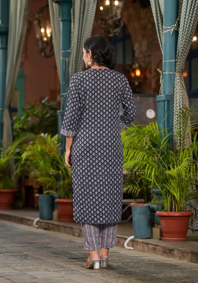Juniper Women's Navy Ethnic Motif Printed Cotton Kurta Pant And Dupatta Set With Mirror Work & Sequins | Grocsy