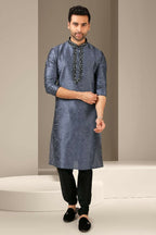 Raivat Ethnic Banarasi Art Silk Mirror Work Kurta Pajama In Dark Grey Colour | Grocsy