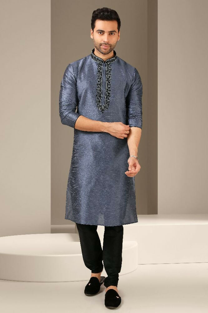 Raivat Ethnic Banarasi Art Silk Mirror Work Kurta Pajama In Dark Grey Colour | Grocsy