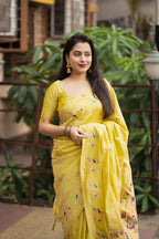 Lemon Green Pure Silk Woven Design Saree with Unstitched Blouse - A2M | Grocsy