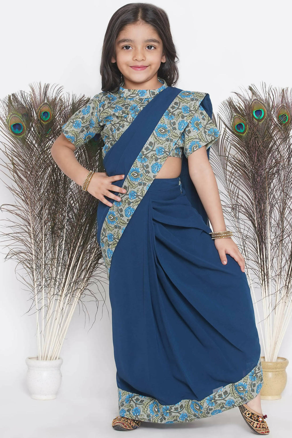 Little Bansi Floral Print Ready To Wear Saree And Floral Blouse - Blue | Grocsy