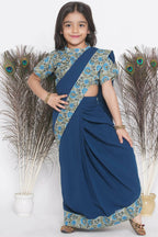 Little Bansi Floral Print Ready To Wear Saree And Floral Blouse - Blue | Grocsy