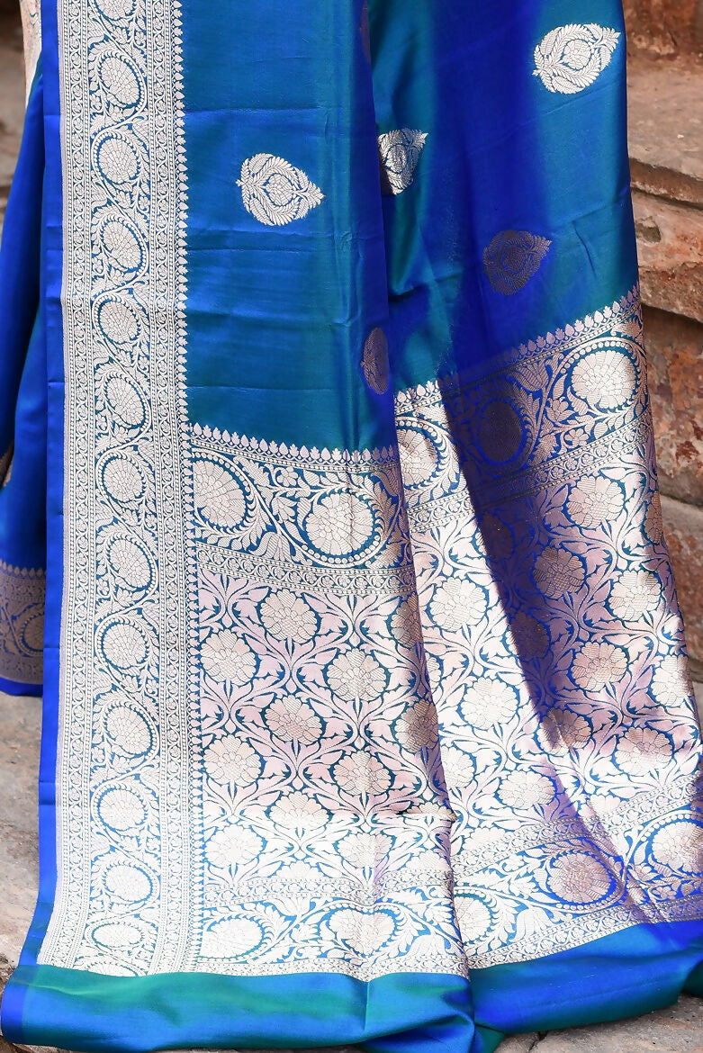 Joban Fashion Blue Banarasi Katan Pure Handloom Banarasi Silk Saree | Grocsy