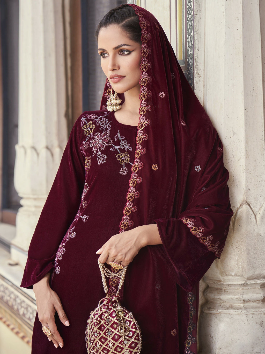 Jyoti Fashion Women's Maroon Velvet Resham Thread with Jari & Sequin Kurta with Trouser & Dupatta | Grocsy