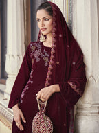 Jyoti Fashion Women's Maroon Velvet Resham Thread with Jari & Sequin Kurta with Trouser & Dupatta | Grocsy