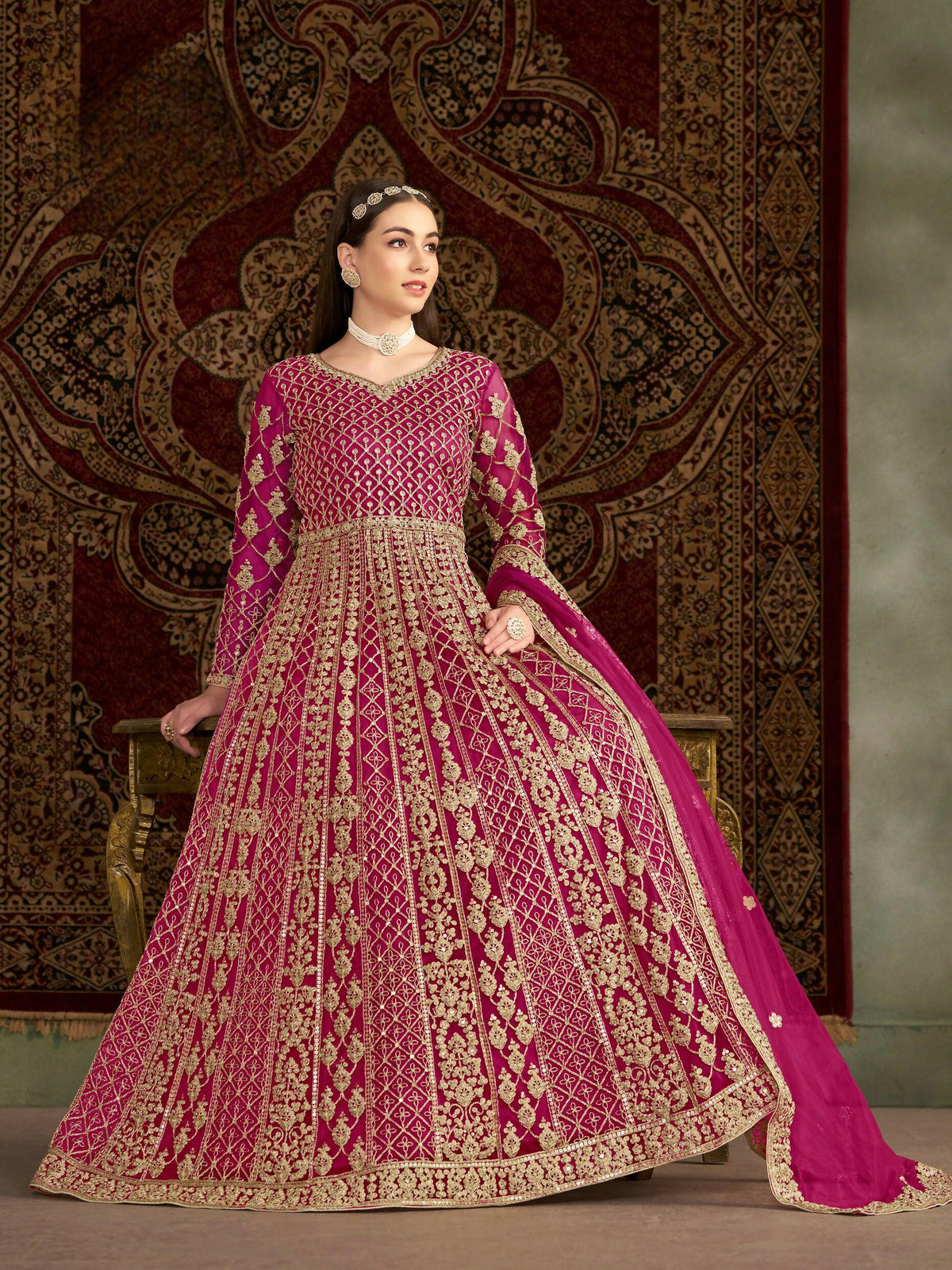 Anaita Rani Pink Embroidered Net Stitched Anarkali Suit | Grocsy