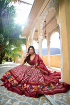 Vastranavya Designer Ikkat Print With Foil Work Lehenga Choli - Maroon | Grocsy