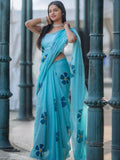 Prime Volt Women's Sky Blue Floral Digital Print Soft Linen Saree With Blouse | Grocsy