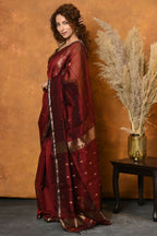 Very Much Indian Handloom Pure Cotton Silk Saree With Sleek Golden Border - Maroon | Grocsy