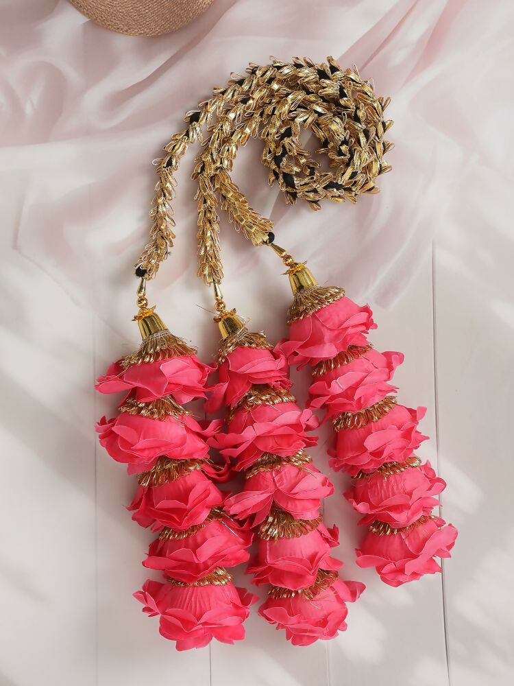 Ruby Raang Gold Gota Pati Work And Pink Rosses With Black Thread & Golden Stones | Grocsy