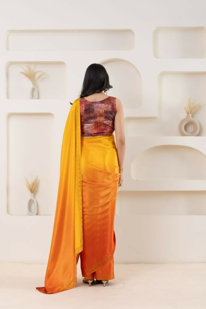 Yellow Satin Pedding Designer, Printed Party Wear Ready To Wear Saree - Femina | Grocsy