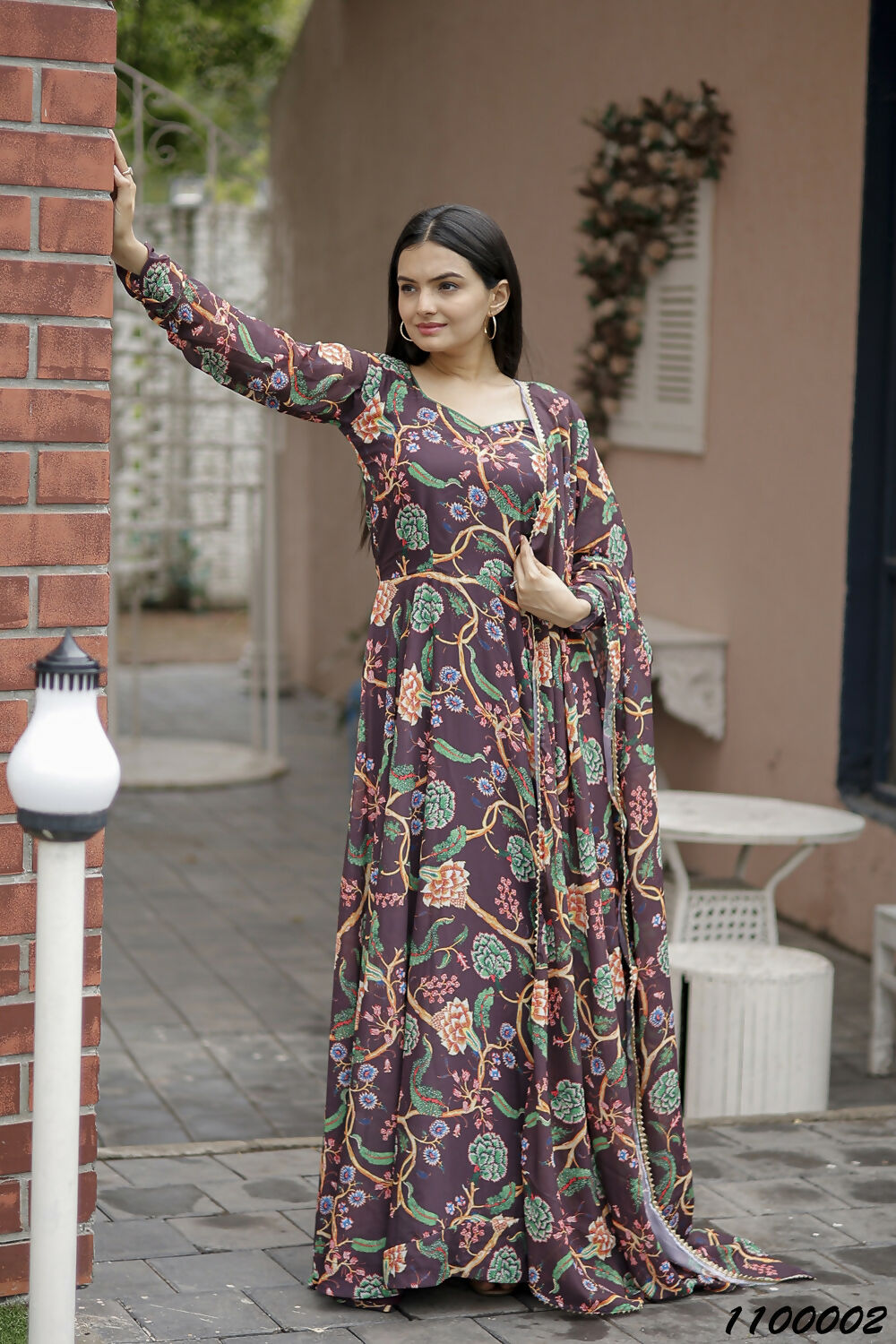 Aayaa Designer Printed Georgette Full Flare Gown With Dupatta - Multi Color | Grocsy