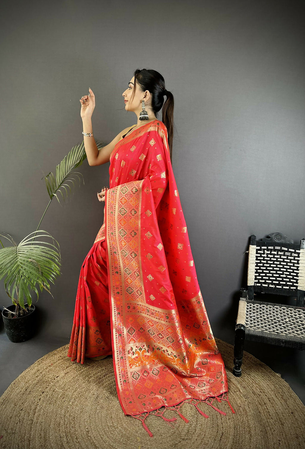 Joban Fashion Rani Pink Geometric Pattern Soft Silk Patola Saree | Grocsy