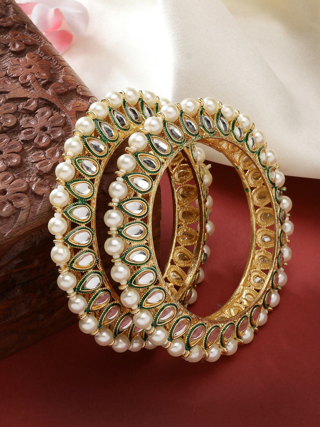 NVR Women's Set Of 2 Gold-Polished Kundan-Studded & Pearls-Beaded Bangles | Grocsy