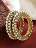NVR Women's Set Of 2 Gold-Polished Kundan-Studded & Pearls-Beaded Bangles | Grocsy