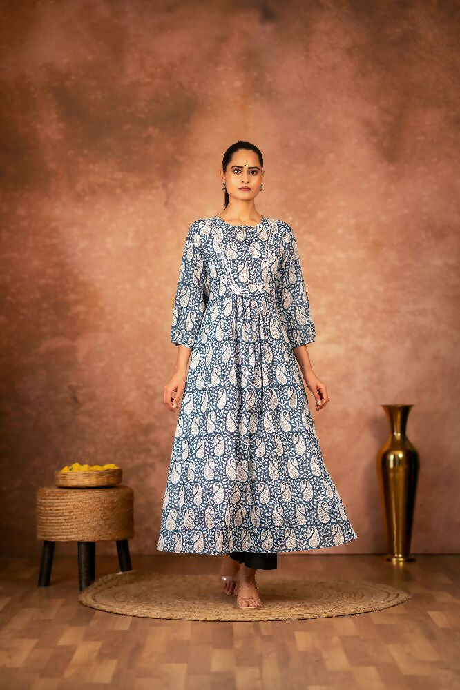 Joban Fashion Blue Floral Hand Block Printed Cotton Kurta Pant Set | Grocsy