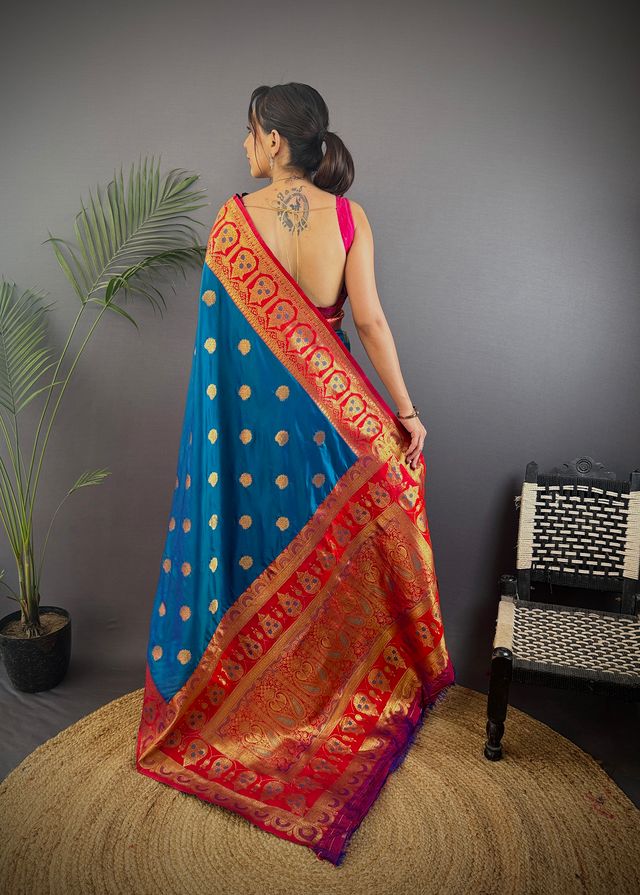 Elora Regal Blue Soft Silk Butti Zari Weaving Contrast Pallu Banarasi Saree | Grocsy