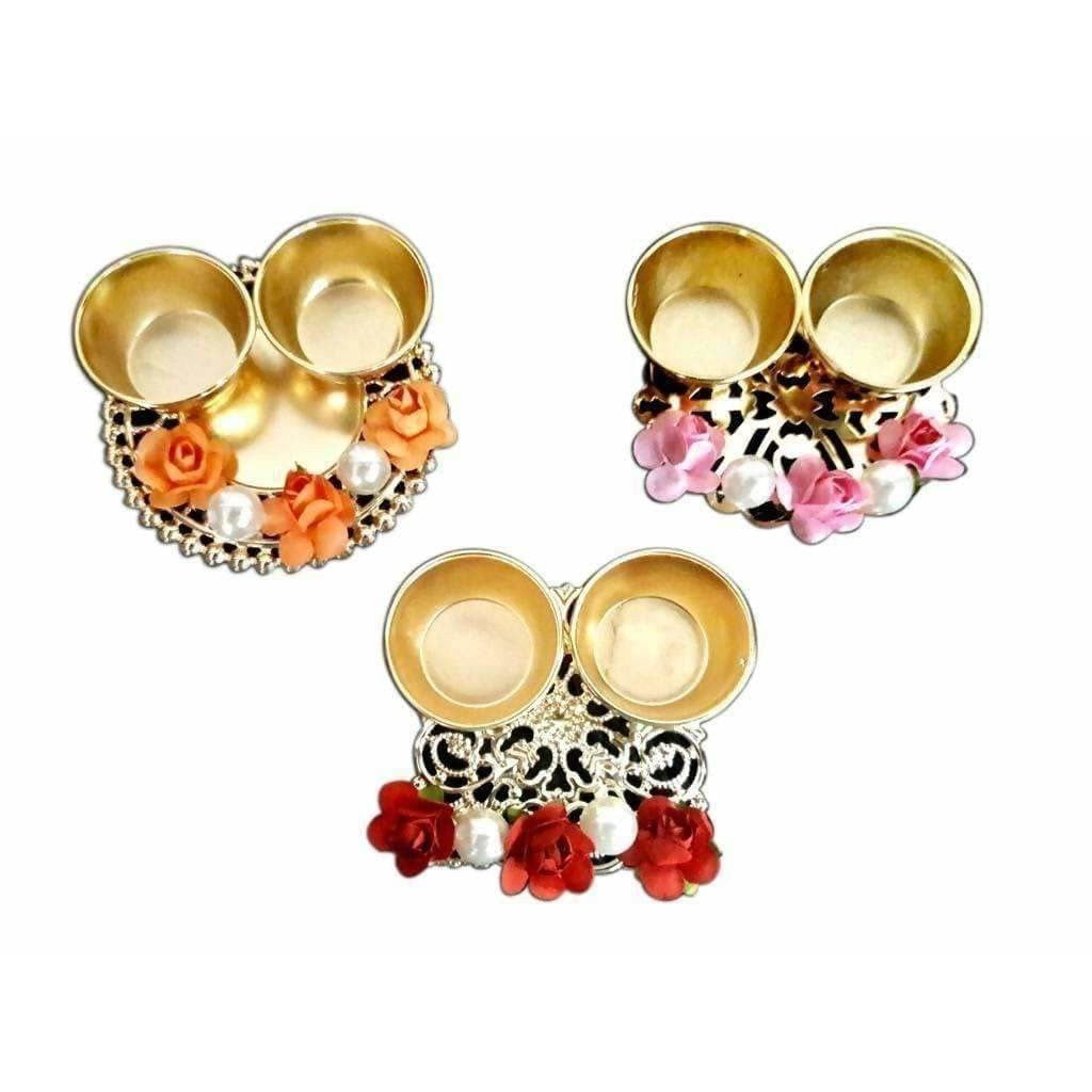 Fancy Haldi Kumkum Holder With Flowers and Pearls - 1 Piece | Grocsy
