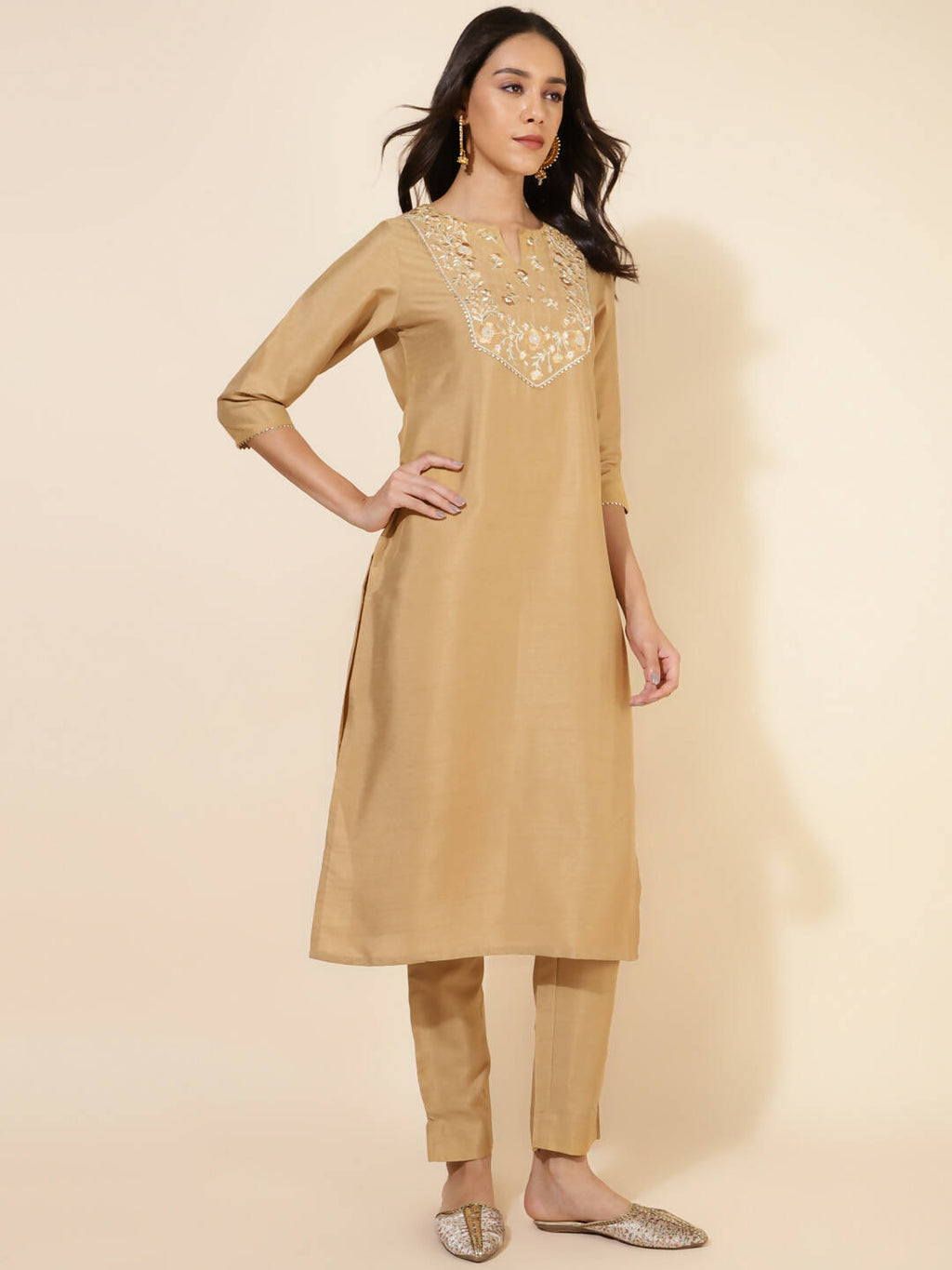 Janasya Women's Gold Crepe Silk Yoke Embroidery Festive Straight Kurta Set | Grocsy