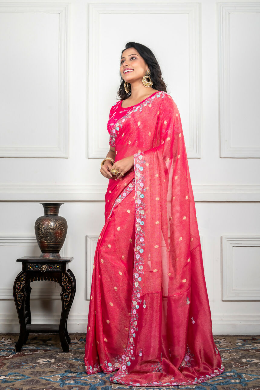 Morchari Pink Pure Chiffon Hand Embroidery Saree And Stitched Blouse | Grocsy