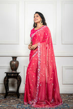 Morchari Pink Pure Chiffon Hand Embroidery Saree And Stitched Blouse | Grocsy