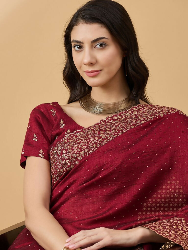 Maroon Silk Blend Embroidered Saree with Unstitched Blouse - Vairagi | Grocsy