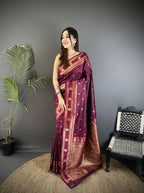 Joban Fashion Maroon Banarasi Soft Silk Woven Saree | Grocsy