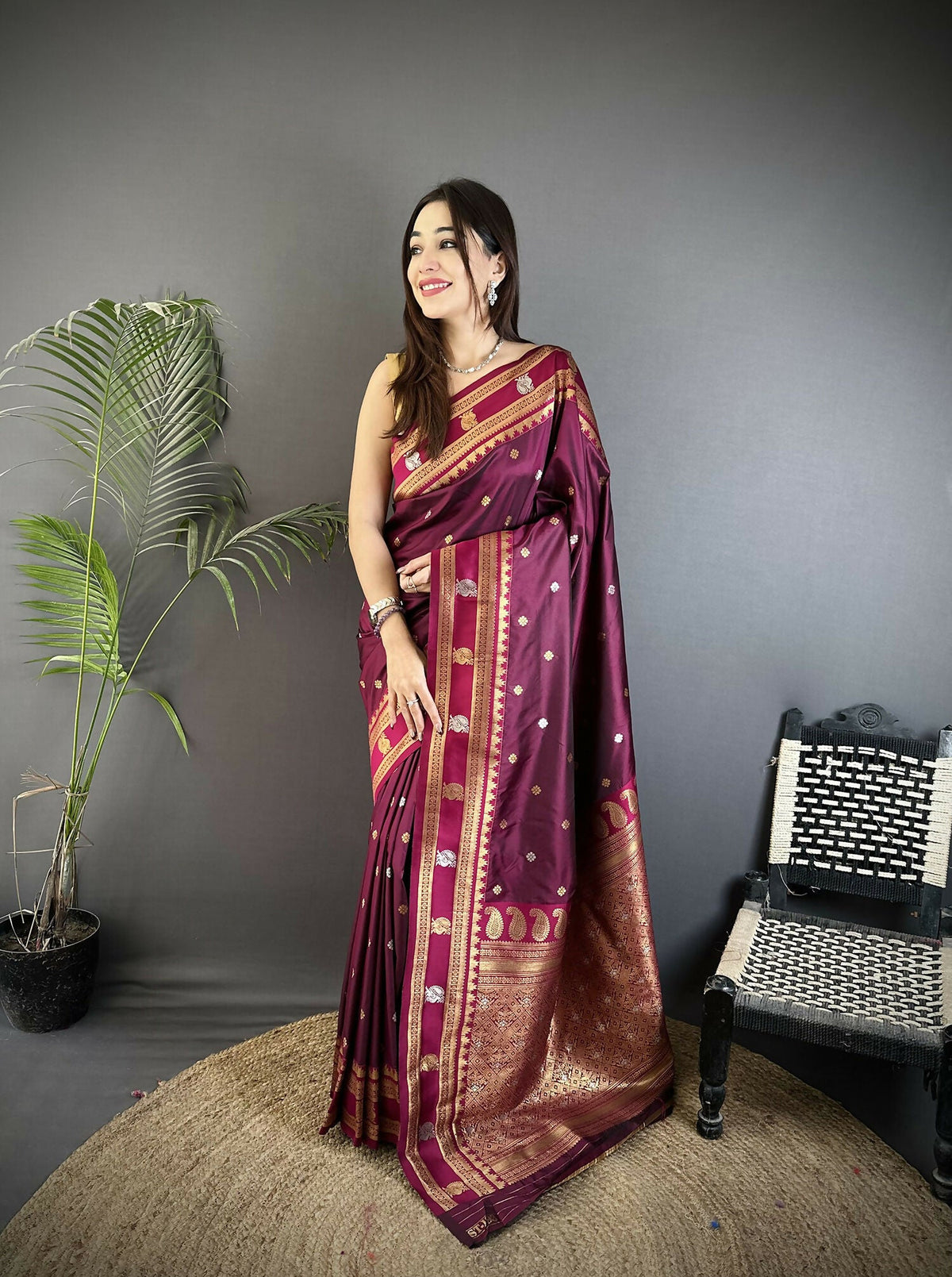 Joban Fashion Maroon Banarasi Soft Silk Woven Saree | Grocsy