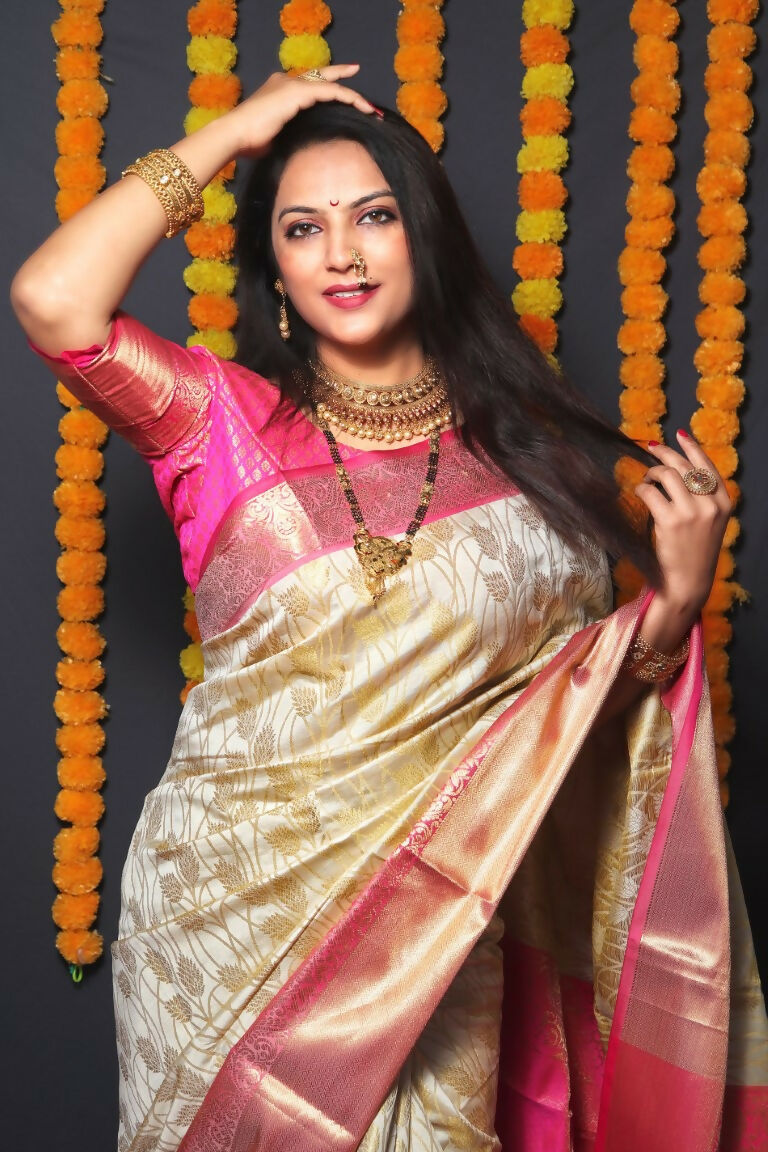 Jyoti Fashion Women's Off White Kanjivaram Silk Zari Woven Saree with Blouse | Grocsy