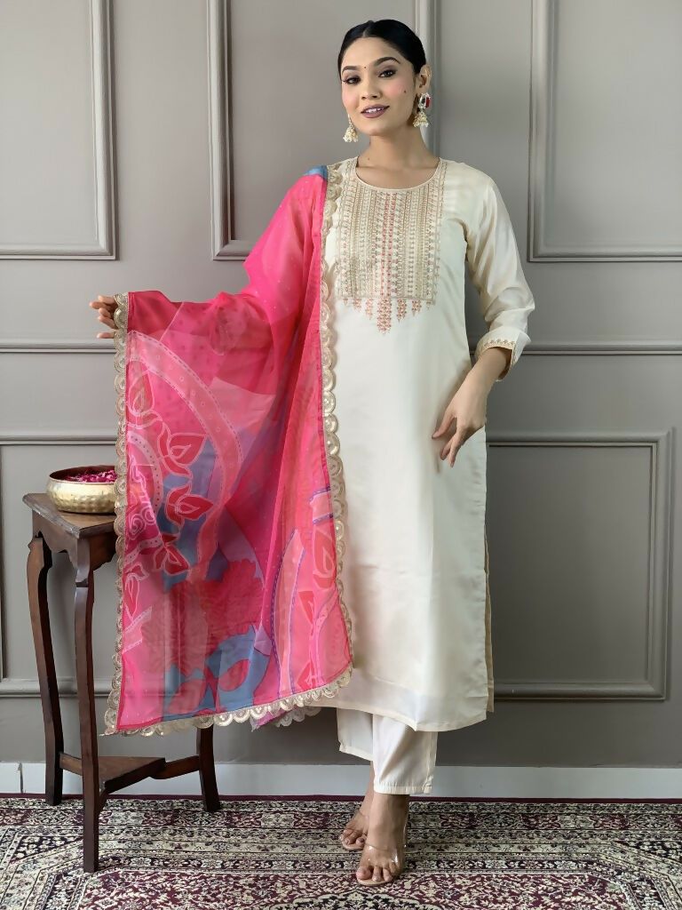 White Viscose Chanderi Stitched Suit With Dupatta - Tanisha | Grocsy