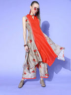 Ahalyaa Women Beige Colour Chanderi Digital Printed Kurta Palazzo Set | Grocsy