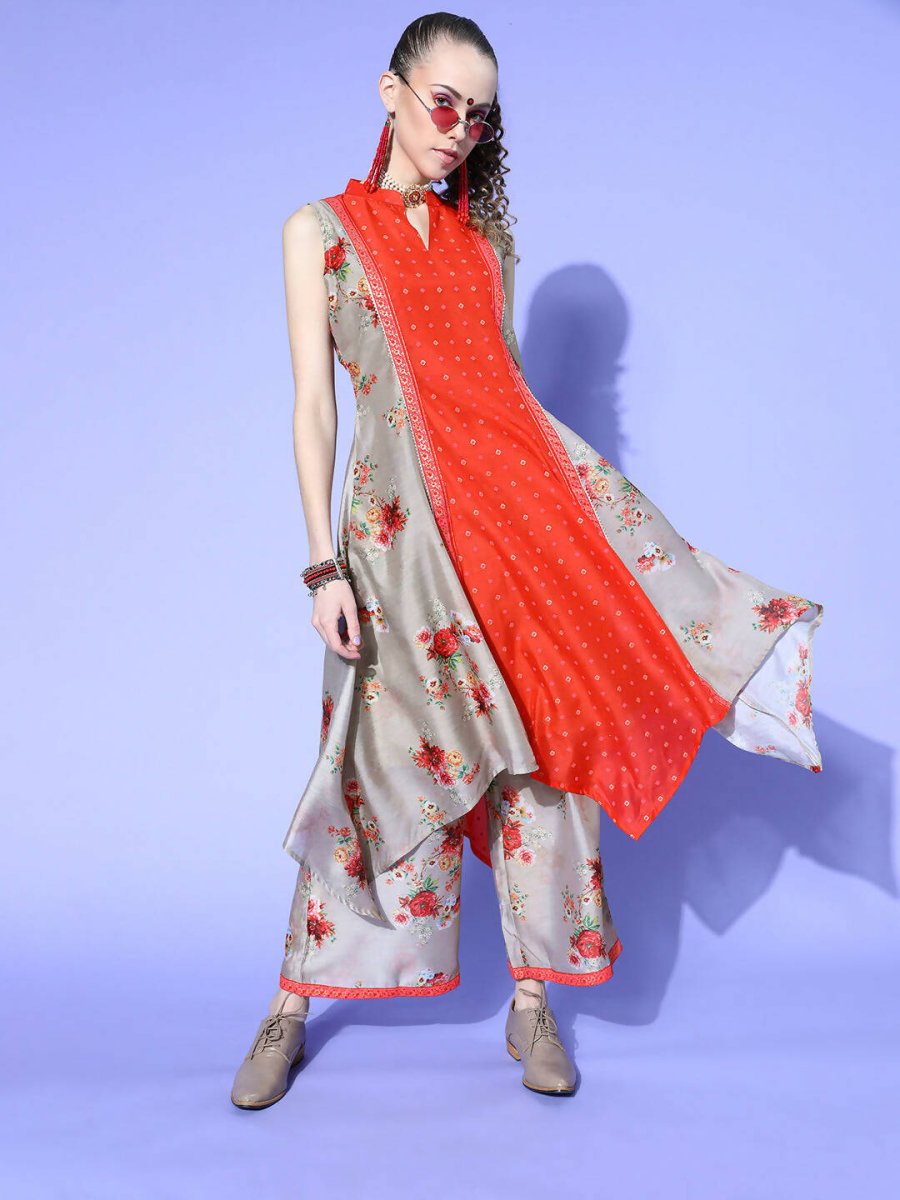 Ahalyaa Women Beige Colour Chanderi Digital Printed Kurta Palazzo Set | Grocsy